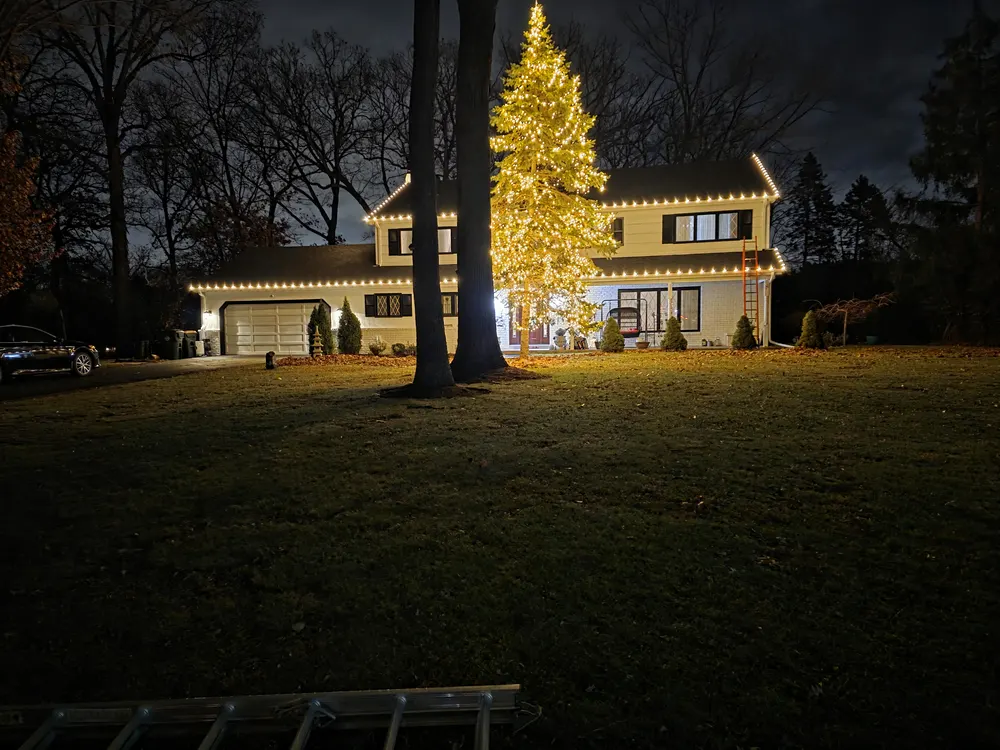 Lit evergreen tree and roofline Christmas lights on a home in Burr Ridge, IL